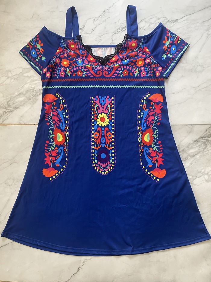 Tribal Print Cold Shoulder Dress, Casual Short Sleeve Lace Trim V Neck Dress, Women's Clothing