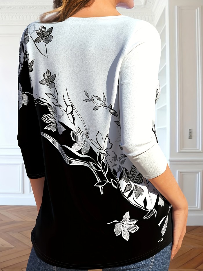 Floral Print Button V Neck T-shirt, Elegant Long Sleeve Top For Spring & Fall, Women's Clothing