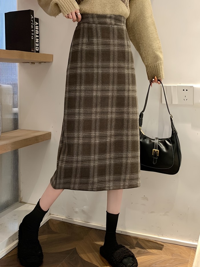 Plaid Print High Waist Wool Skirt, Casual Split Midi Skirt For Fall & Winter, Women's Clothing