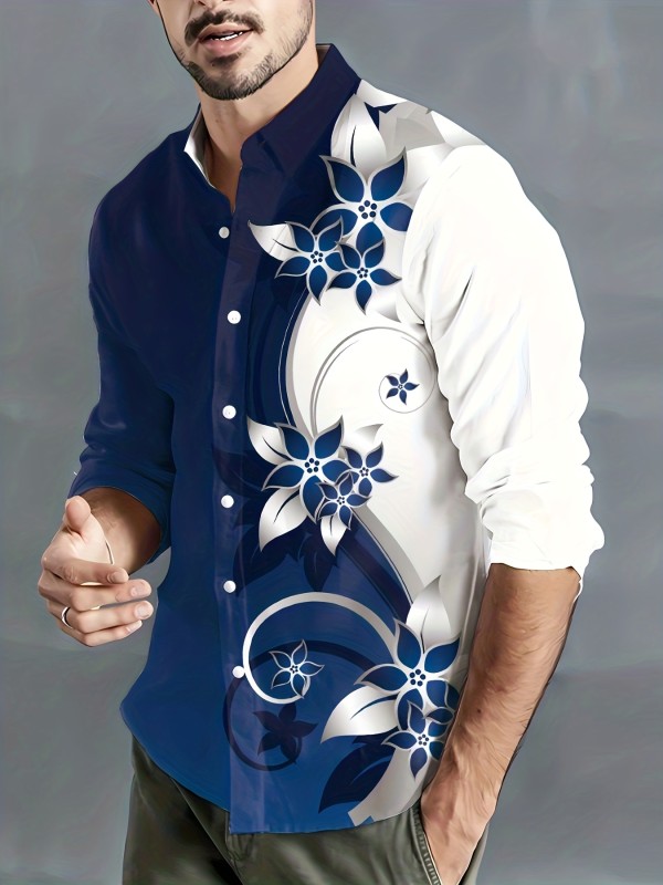Flowers Print, Men's Button Up Trendy Comfy Long Sleeve Shirt For Summer, Mens Clothing