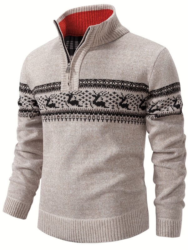 Men's Warm Knitted Half Zipper Stand Collar Pullover For Men Retro Sweater For Winter Fall Long Sleeve Tops