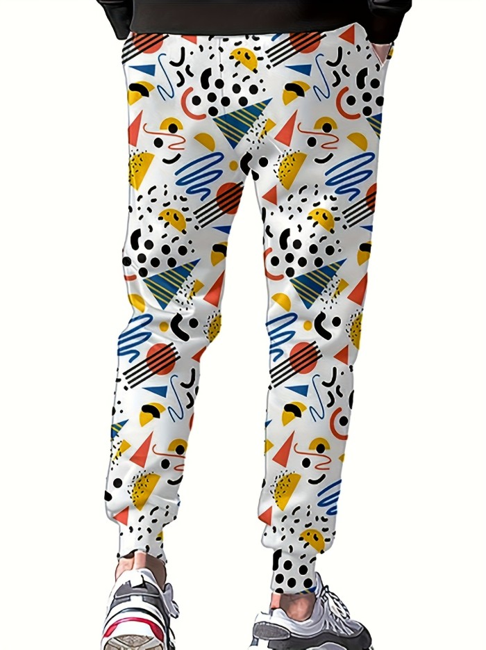 Men's Colorful Digital Geometric Print Active Pants, Contrast Color Graphic Casual Pants