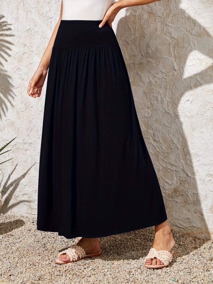 Solid Smocked Maxi Simple Skirt, Versatile High Waist Skirt For Spring & Fall, Women's Clothing