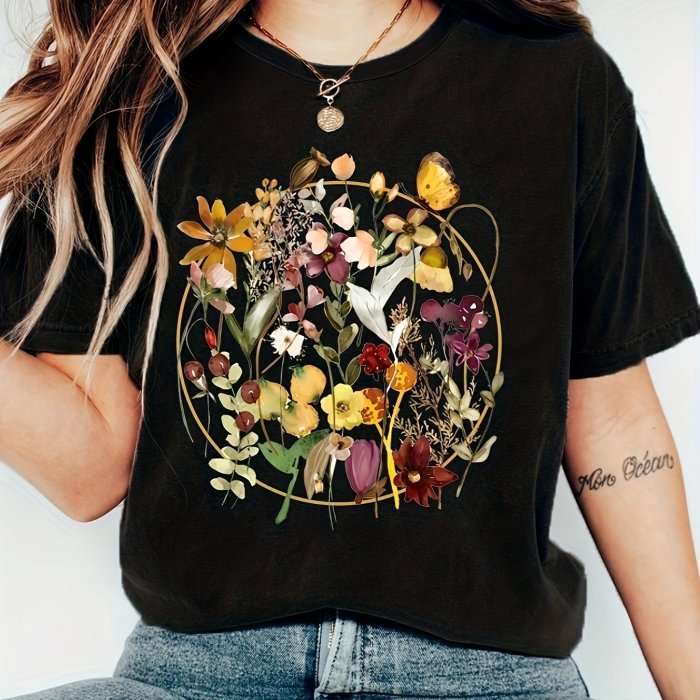 Floral Print Crew Neck T-shirt, Casual Short Sleeve Top, Women's Clothing