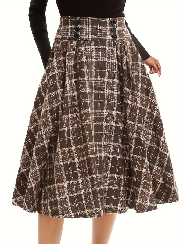 Plaid Print High Waist Button Skirt, Elegant A Line Flare Midi Skirt, Women's Clothing