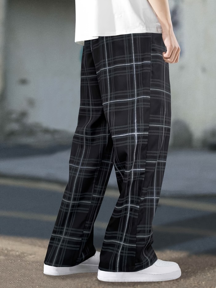 Plaid Pattern Joggers, Men's Casual Loose Fit Waist Drawstring Pants For Spring Summer