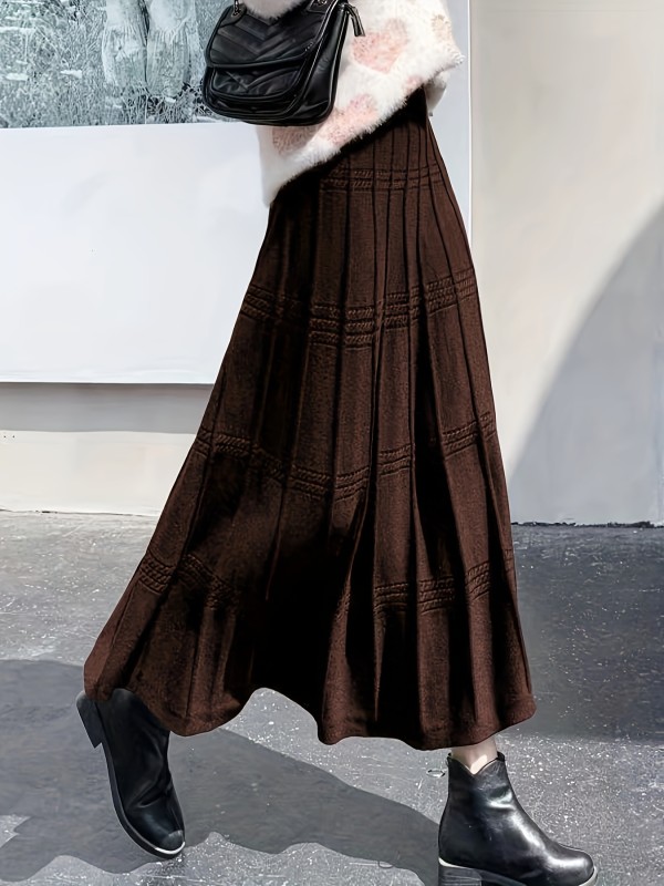 Solid Color Knit Tucked Skirt, Casual Ankle Length Skirt For Fall & Winter, Women's Clothing
