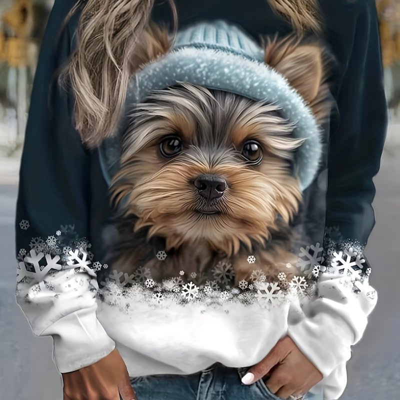 Puppy Print Pullover Sweatshirt, Casual Long Sleeve Crew Neck Sweatshirt For Fall & Winter, Women's Clothing