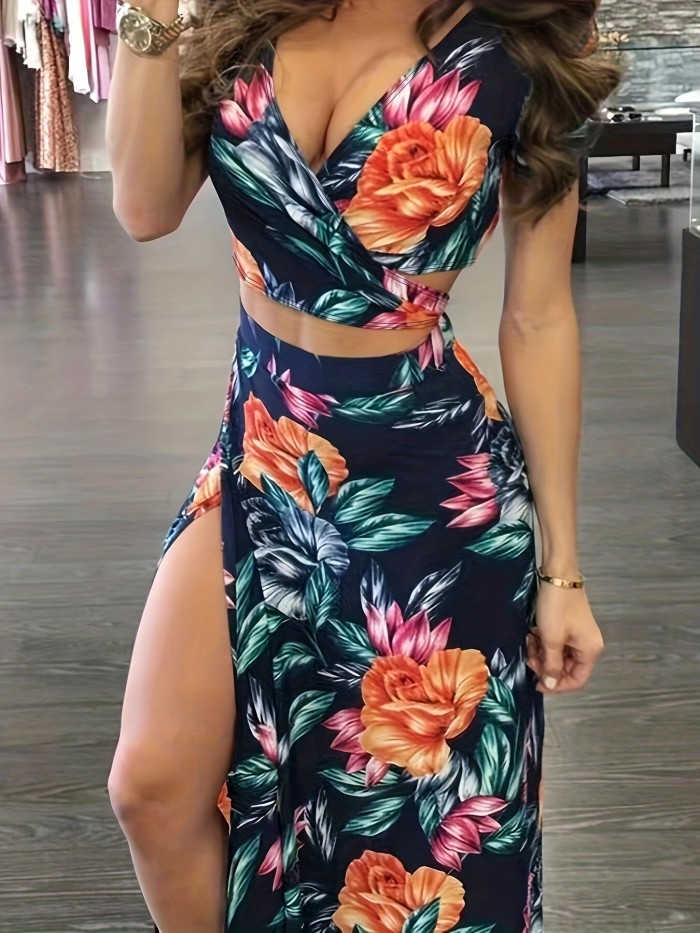 Sexy Floral Print Two-piece Skirt Set, Crop Top & Split Skirt Outfits, Women's Clothing