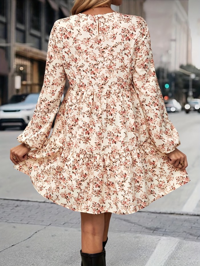 Ditsy Floral Print Ruffle Dress, Long Sleeve Crew Neck Casual Dress, Women's Clothing
