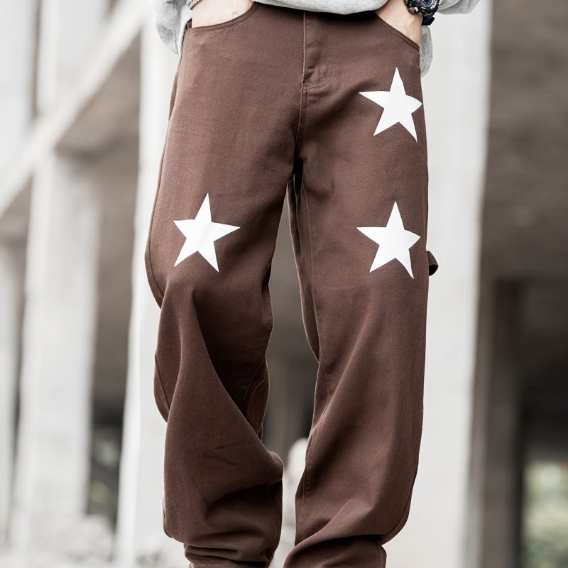 Star Print Loose Fit Jeans, Men's Casual Street Style Cotton Wide Leg Pants