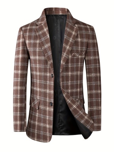 Plaid Two Button Blazer, Men's Casual Slim Fit Slightly Stretch Lapel Sports Coat For Spring Fall Business