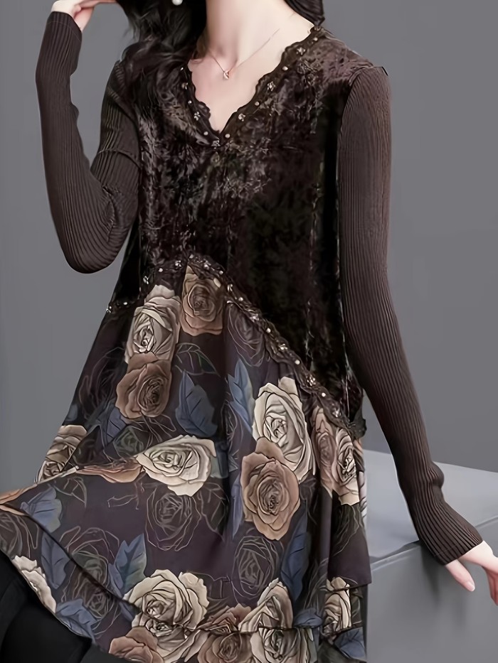 Floral Print Lace Trim V Neck Dress, Casual Velvet Paneled Long Sleeve Dress, Women's Clothing