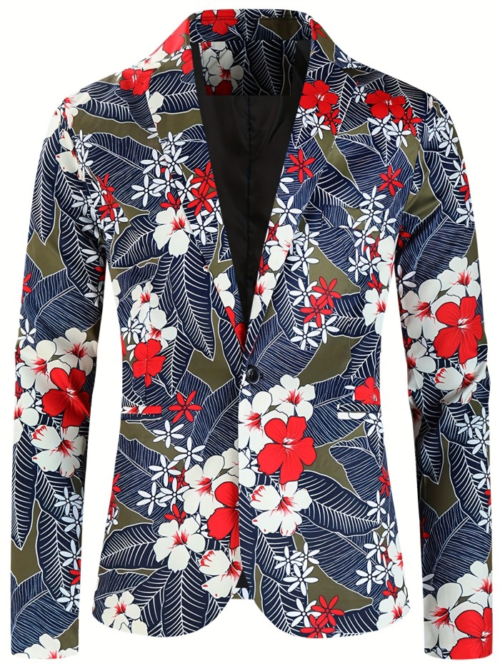 Musical Note One Button Blazer, Men's Casual Flap Pocket Lapel Sports Coat For Spring Fall Business