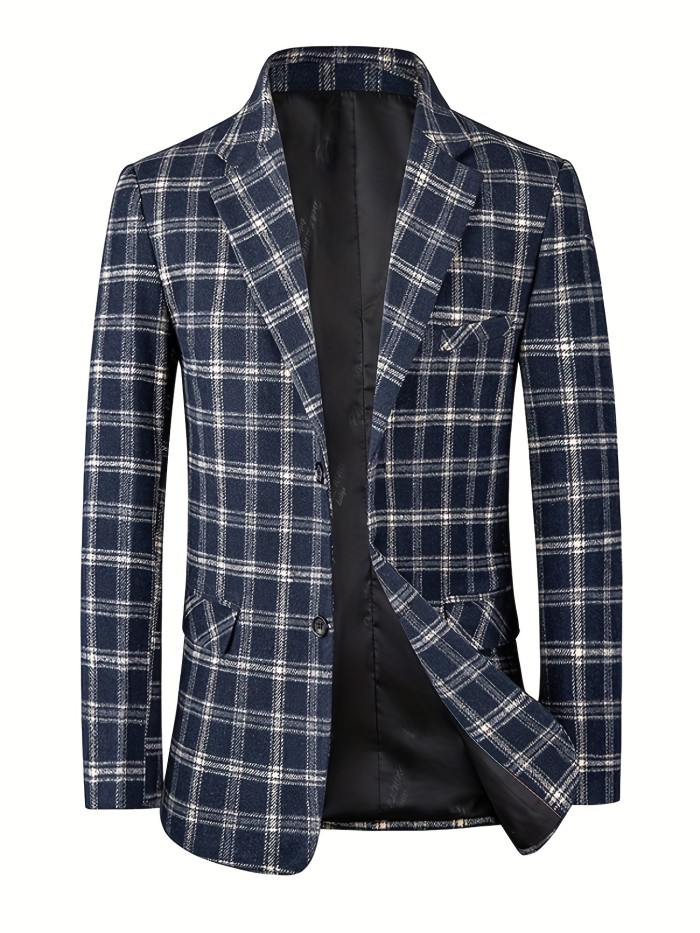 Plaid Two Button Blazer, Men's Casual Slim Fit Slightly Stretch Lapel Sports Coat For Spring Fall Business