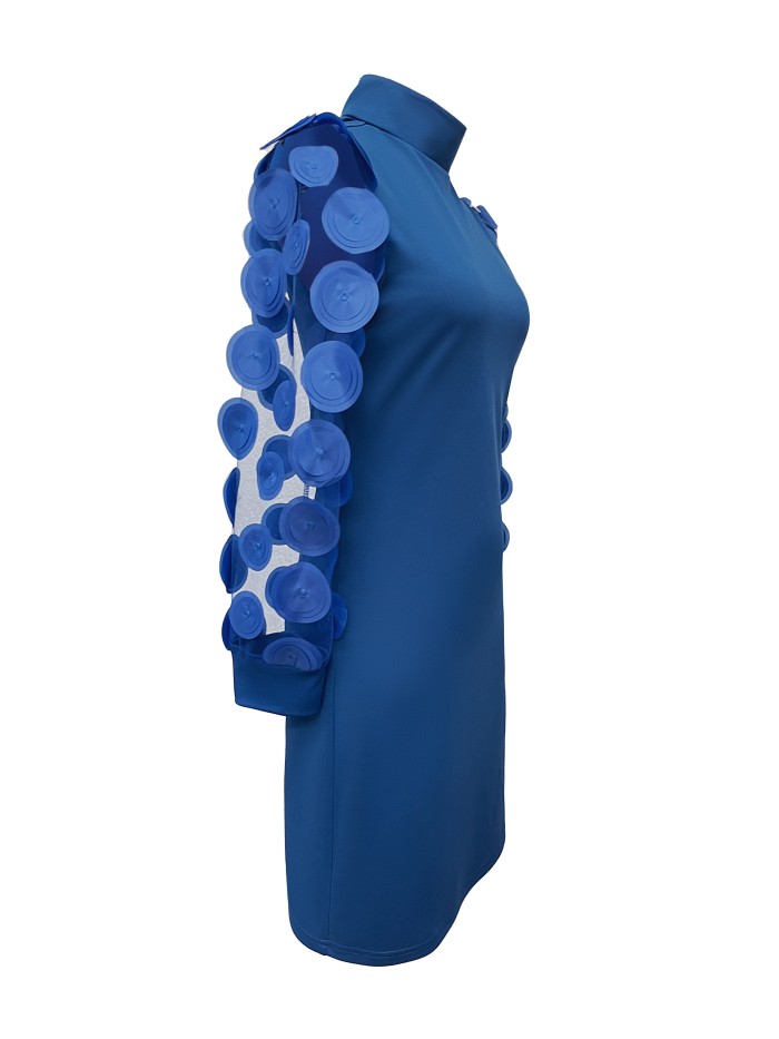 Solid Mock Neck Dress, Elegant Illusion Sleeve Button Decor Dress, Women's Clothing