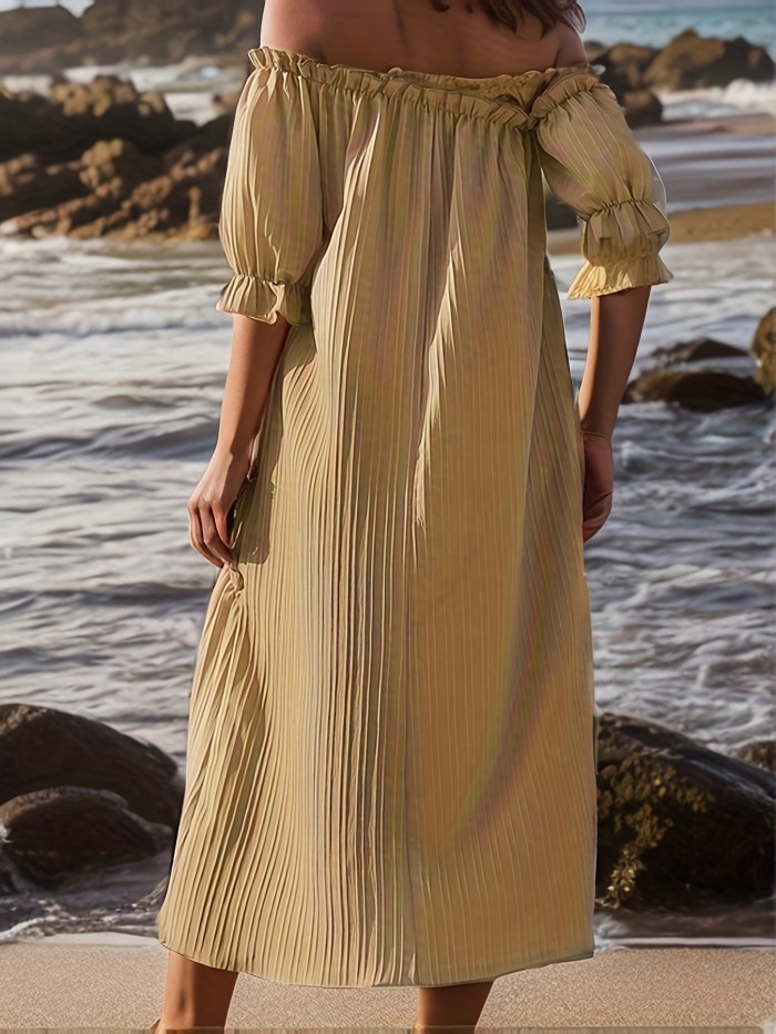 Lettuce Trim Asymmetrical Dress, Casual Solid Off Shoulder Textured Dress, Women's Clothing