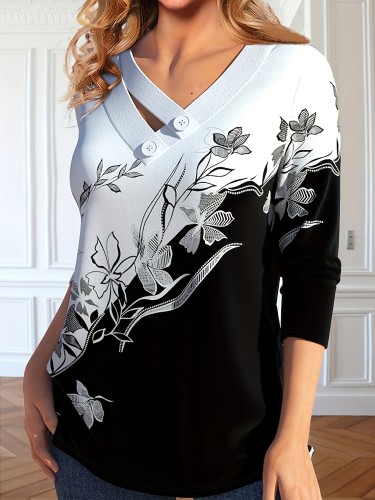 Floral Print Button V Neck T-shirt, Elegant Long Sleeve Top For Spring & Fall, Women's Clothing