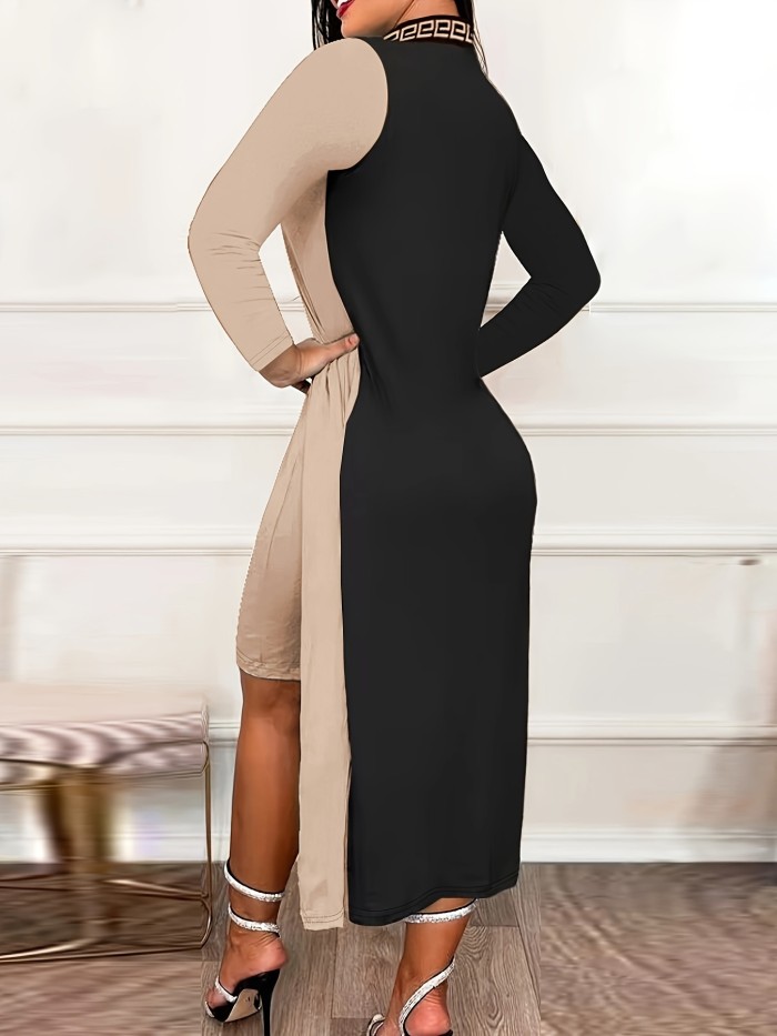 Color Block Split Dress, Casual Mock Neck Long Sleeve Midi Dress, Women's Clothing