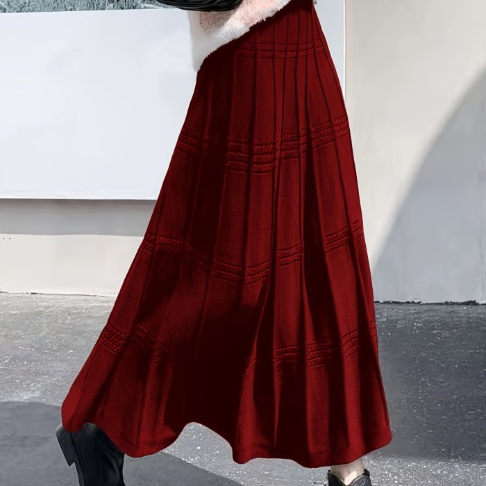 Solid Color Knit Tucked Skirt, Casual Ankle Length Skirt For Fall & Winter, Women's Clothing