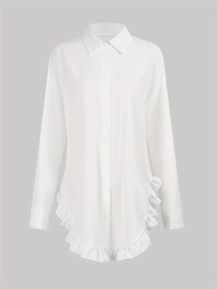 Ruffle Hem Button Front Blouse, Stylish Long Sleeve Blouse For Spring & Fall, Women's Clothing