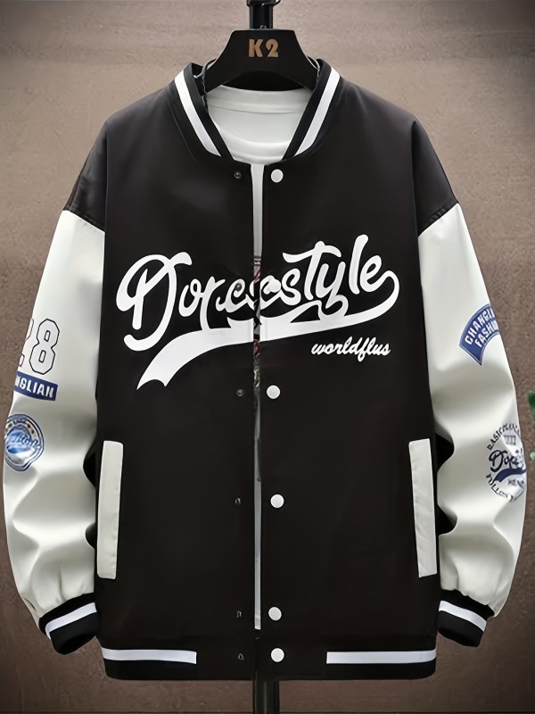 Men's Fashion Baseball Jackets, Casual Letter Print Streetwear Tops, Patchwork Style