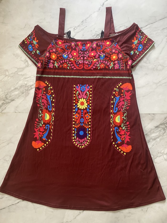 Tribal Print Cold Shoulder Dress, Casual Short Sleeve Lace Trim V Neck Dress, Women's Clothing