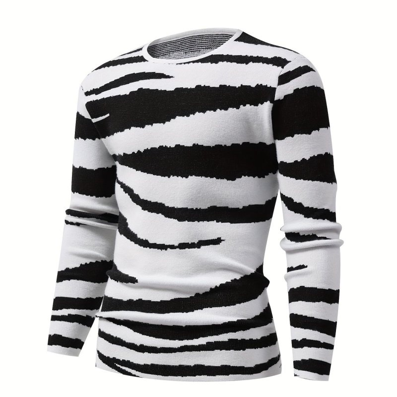 Zebra Pattern Knitted Sweater, Men's Casual Warm High Stretch Crew Neck Pullover Sweater For Men Fall Winter