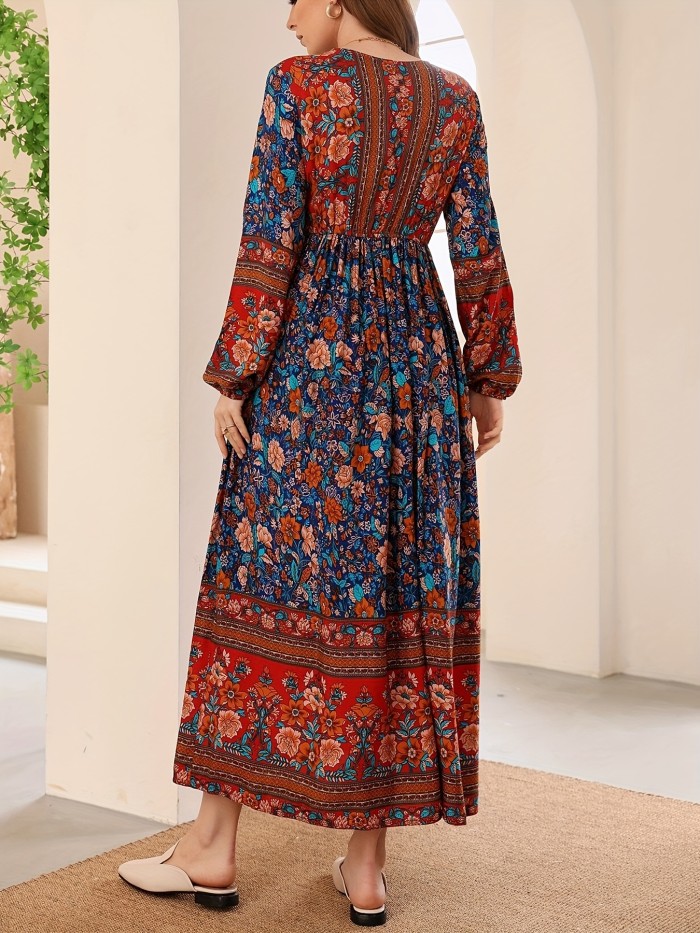 Boho Floral Print Surplice Neck Waist Dress, Long Sleeve Ruffle Maxi Dress, Women's Clothing