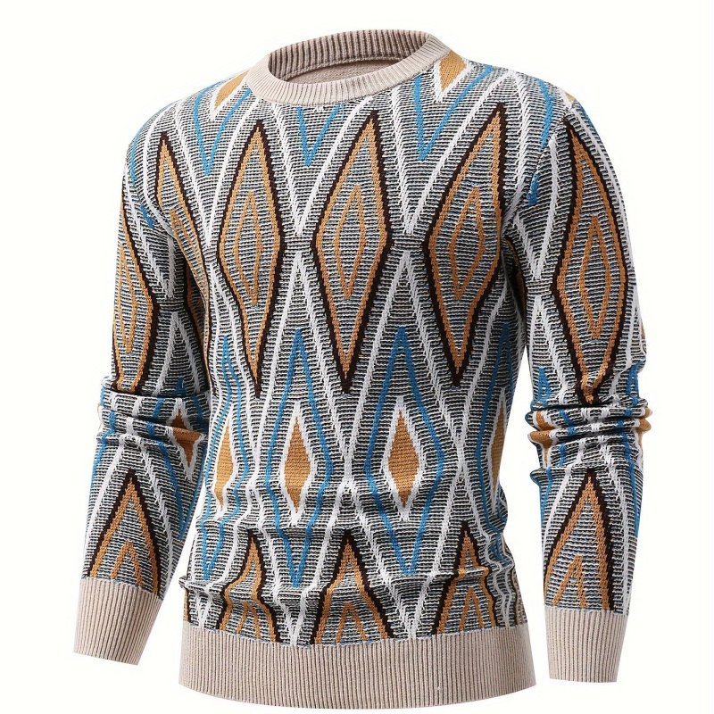 Ethnic Geometric Pattern Knitted Sweater, Men's Casual Warm High Stretch Crew Neck Pullover Sweater For Men Fall Winter