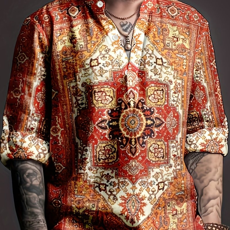 Plus Size Men's Ethnic Style Shirt, Vintage Floral Pattern Graphic Print Long Sleeve Shirt For Spring Fall, Men's Clothing