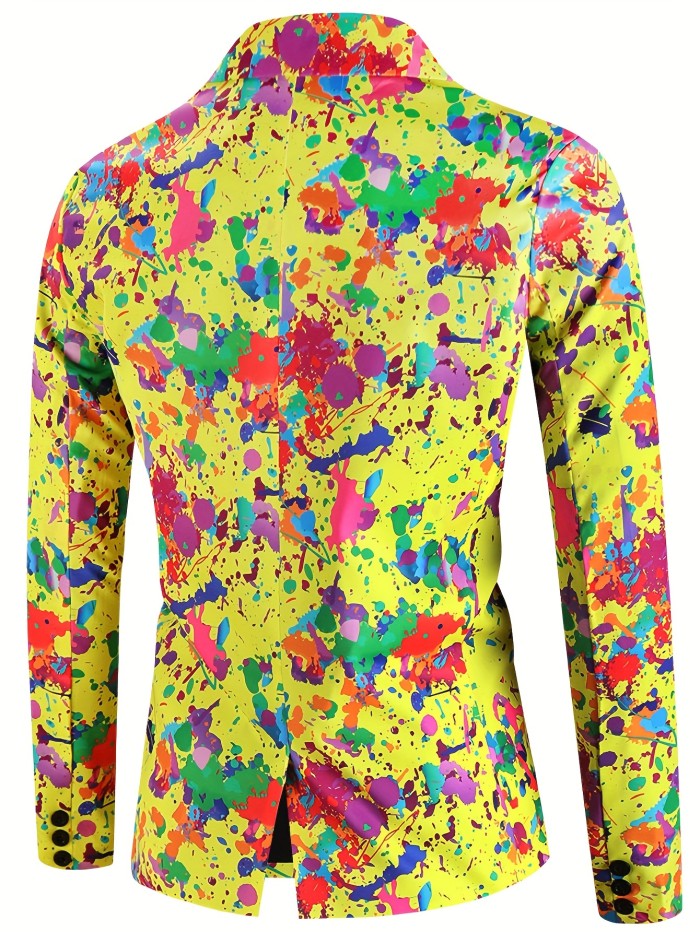 Creative Allover Print One Button Blazer, Men's Casual Flap Pocket Lapel Sports Coat For Spring Fall Party Dinner