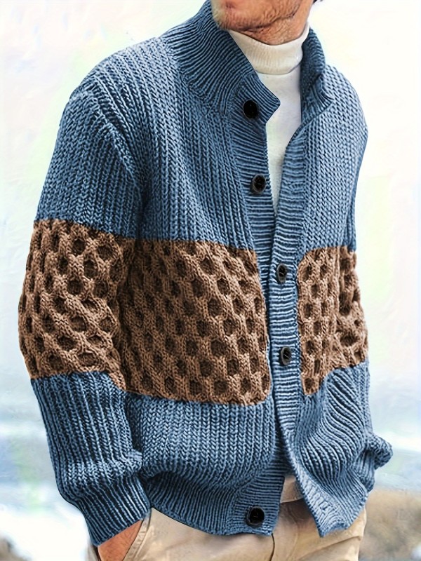 Elegant Full Button Up Slightly Stretch Cardigan Jacket, Men's Casual Vintage Style Sweater Cardigan Coat For Fall Winter