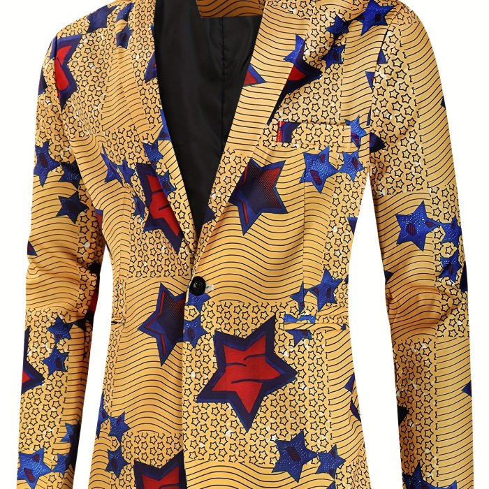 Creative Allover Print One Button Blazer, Men's Casual Flap Pocket Lapel Sports Coat For Spring Fall Party Dinner