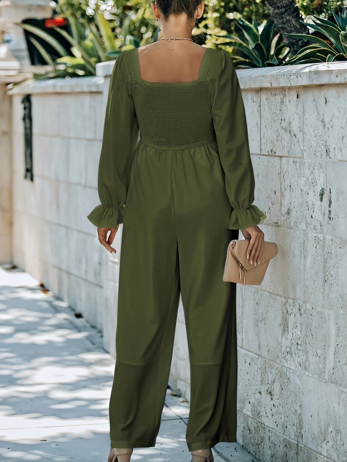 Shirred Square Neck Jumpsuit, Casual Solid Long Sleeve Jumpsuit For Spring & Fall, Women's Clothing