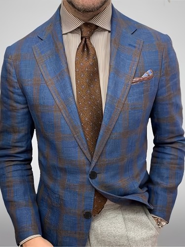 Men's Checkered Pattern Blazer, Formal Two Button Lapel Suit Jacket For Spring Fall Business Banquets, Parties