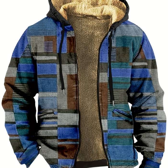 Flag Pattern Vintage Style Warm Fleece Coat, Men's Casual Hooded Warm Thick Jacket For Fall Winter