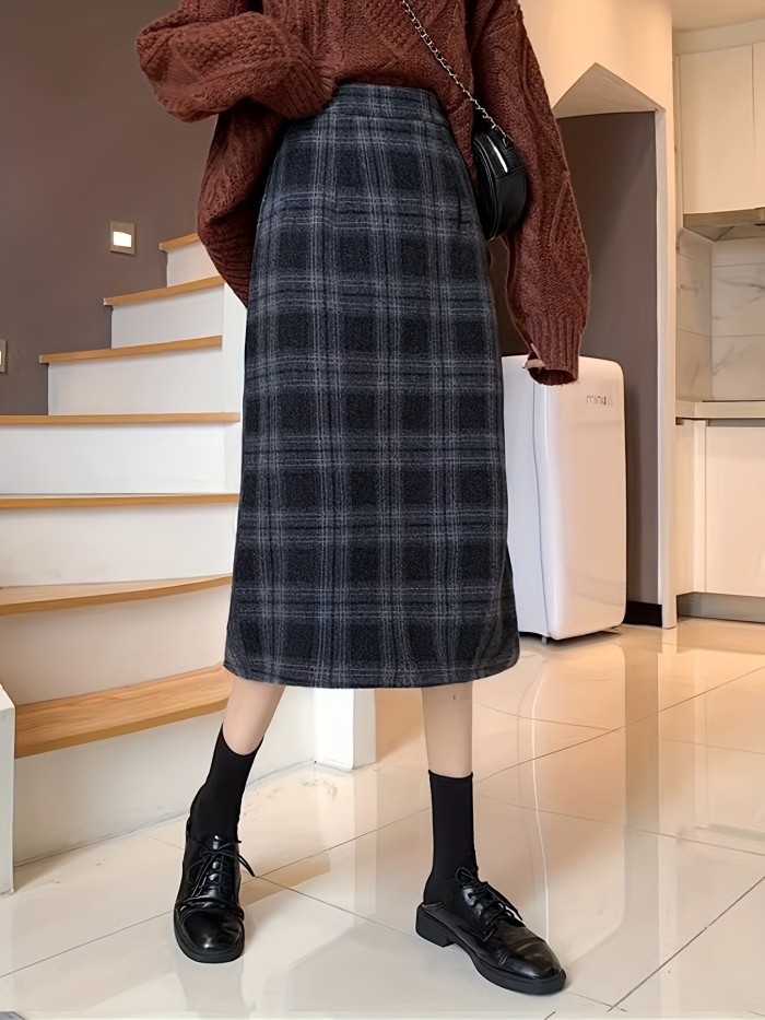Plaid Print High Waist Wool Skirt, Casual Split Midi Skirt For Fall & Winter, Women's Clothing