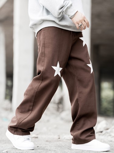 Star Print Loose Fit Jeans, Men's Casual Street Style Cotton Wide Leg Pants