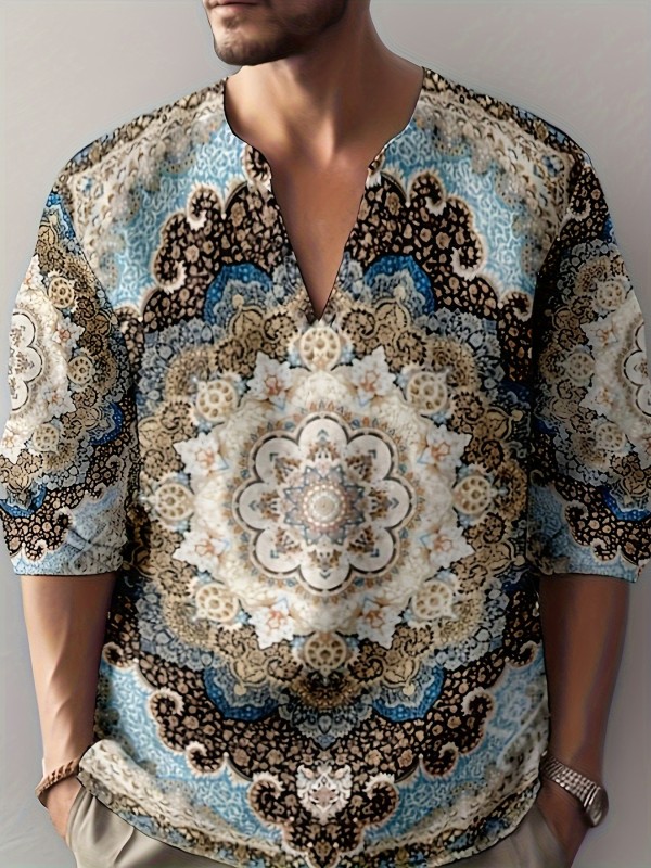 Plus Size Men's Ethnic Style Shirt, Vintage Floral Pattern Graphic Print Long Sleeve Shirt For Spring Fall, Men's Clothing