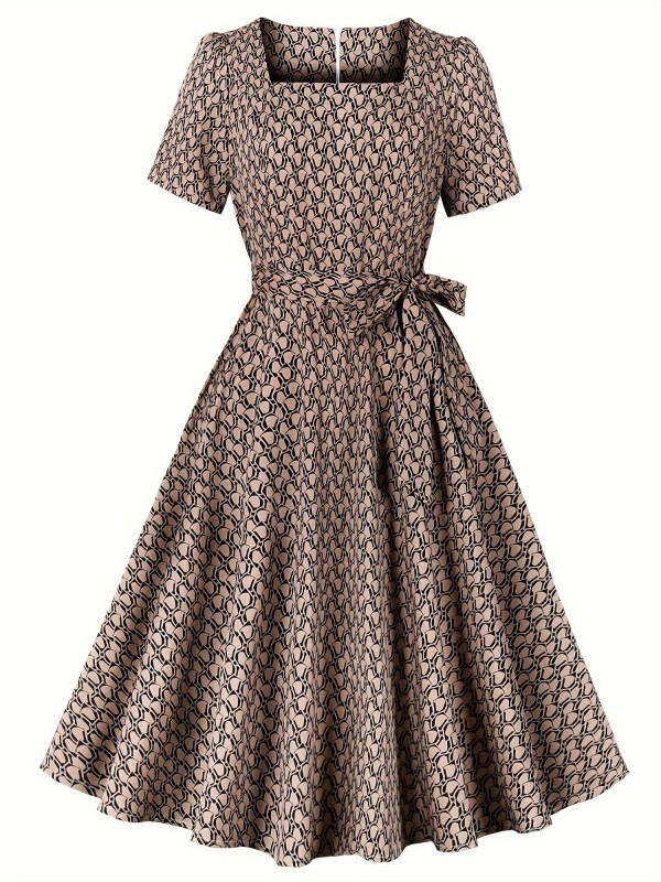 Allover Print Midi Dress, Vintage Squared Neck Short Sleeve Dress, Women's Clothing