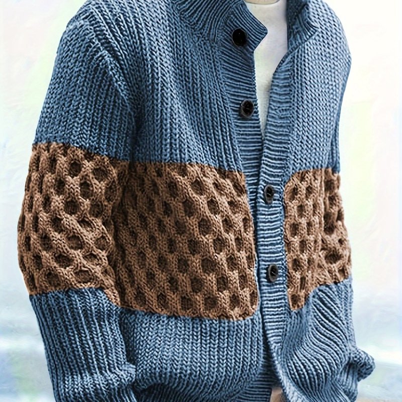 Elegant Full Button Up Slightly Stretch Cardigan Jacket, Men's Casual Vintage Style Sweater Cardigan Coat For Fall Winter