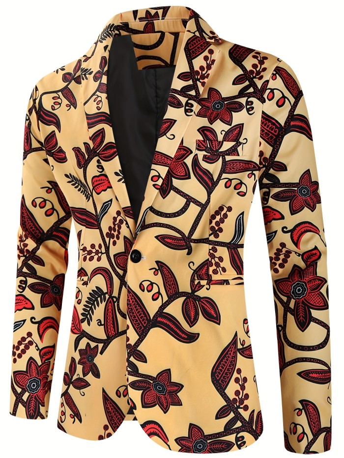 Creative Allover Print One Button Blazer, Men's Casual Flap Pocket Lapel Sports Coat For Spring Fall Party Dinner