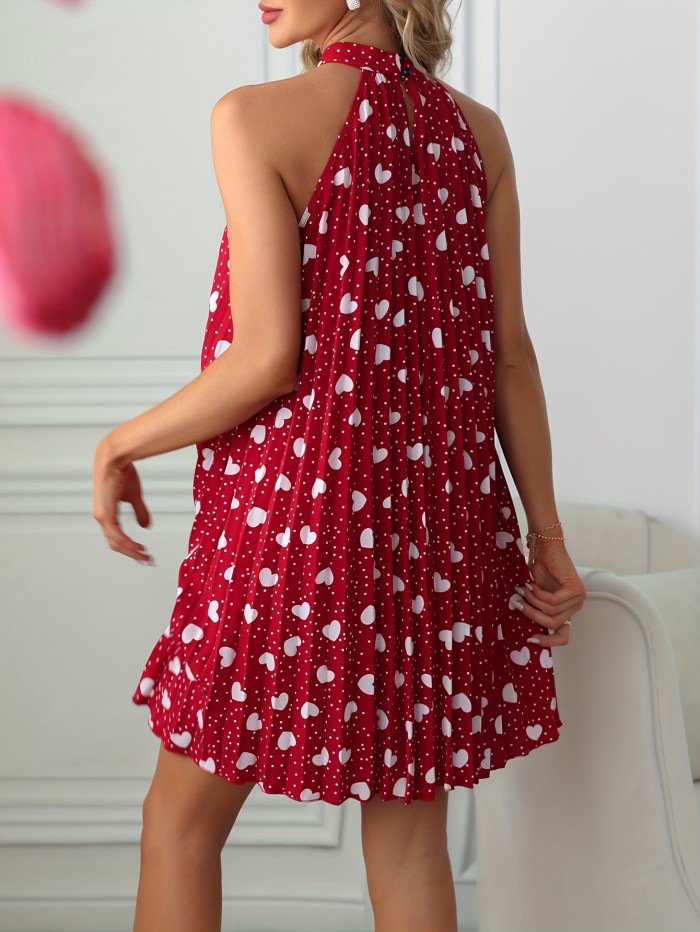 Heart Print Pleated Halter Dress, Sleeveless Hollow Out Back Dress, Women's Clothing