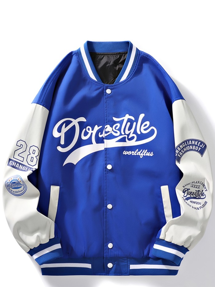 Men's Fashion Baseball Jackets, Casual Letter Print Streetwear Tops, Patchwork Style