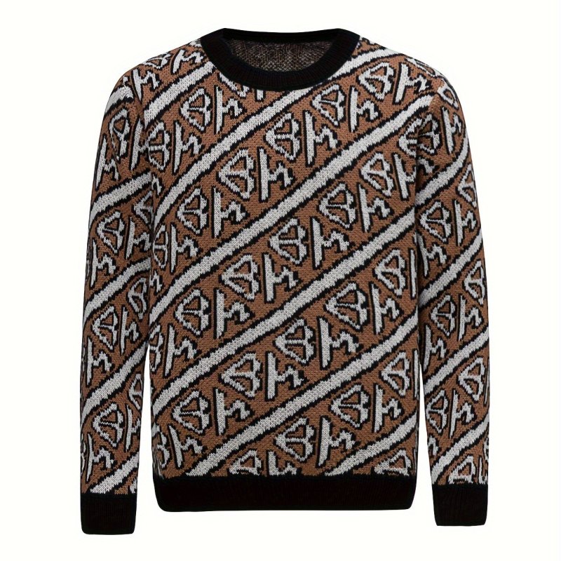 Trendy Geometric Pattern Knitted Sweater, Men's Casual Warm Slightly Stretch Crew Neck Pullover Sweater For Men Fall Winter
