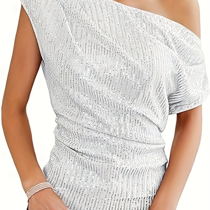 Sequin Decor Cold Shoulder T-Shirt, Casual Short Sleeve Top For Spring & Summer,  Women's Clothing