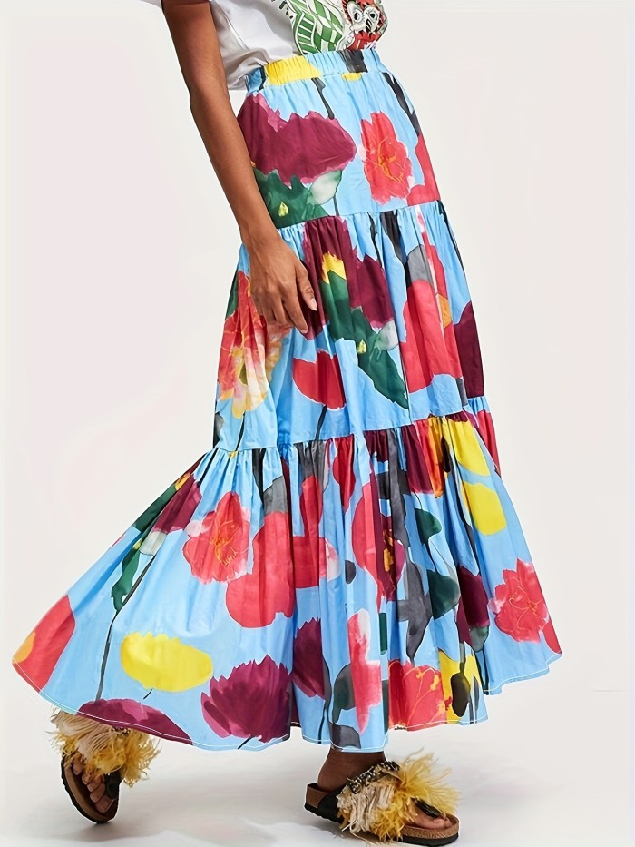 Plus Size Floral Print Ruffled Hem Skirt, Elegant Loose Long Layered Skirt For Every Day, Women's Clothing