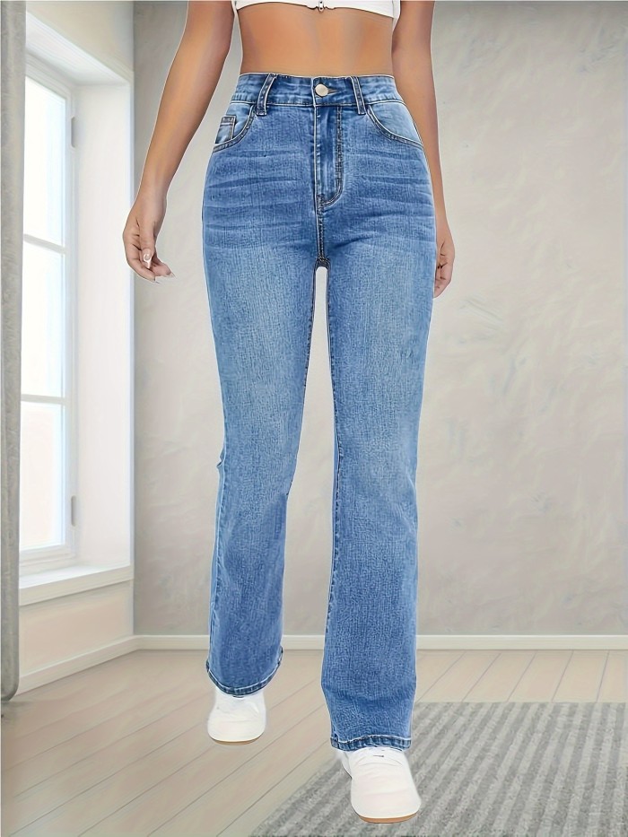 High Stretch Washed Straight Jeans, Slant Pockets High Waist Denim Pants, Women's Denim Jeans & Clothing