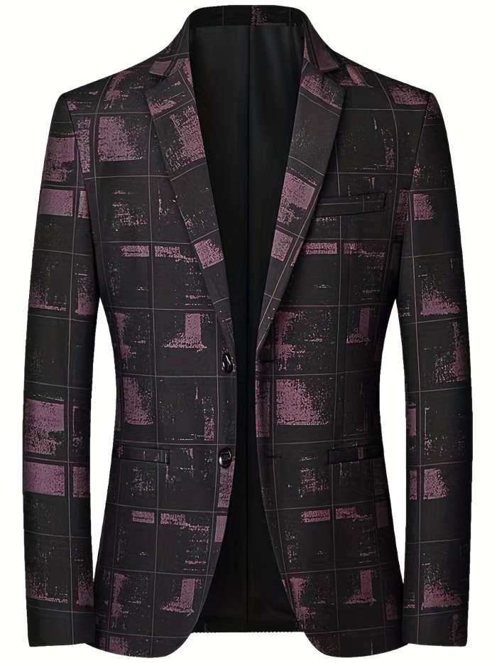 Stylish Plaid Two Button Blazer, Men's Casual Allover Print Flap Pocket Lapel Sports Coat For Spring Fall Party Dinner